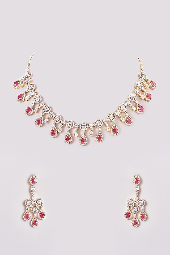 Gold Finish Zircon & Red Stone Necklace Set by Aster at Pernia's Pop Up Shop