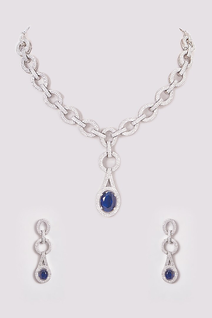 White Finish Zircon & Blue Stone Necklace Set by Aster at Pernia's Pop Up Shop