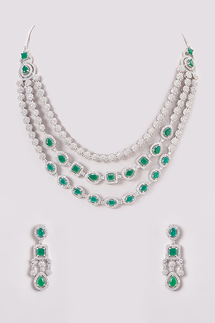 White Finish Zircon & Green Stone Layered Necklace Set by Aster at Pernia's Pop Up Shop