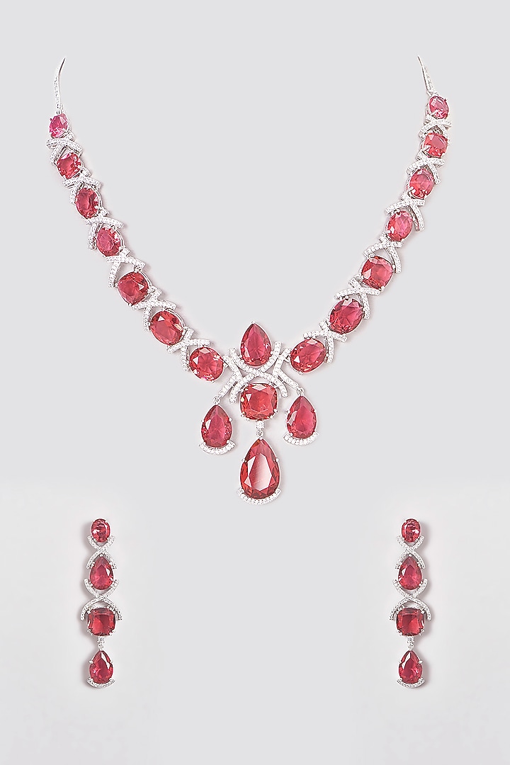 White Finish Zircon & Red Stone Necklace Set by Aster at Pernia's Pop Up Shop