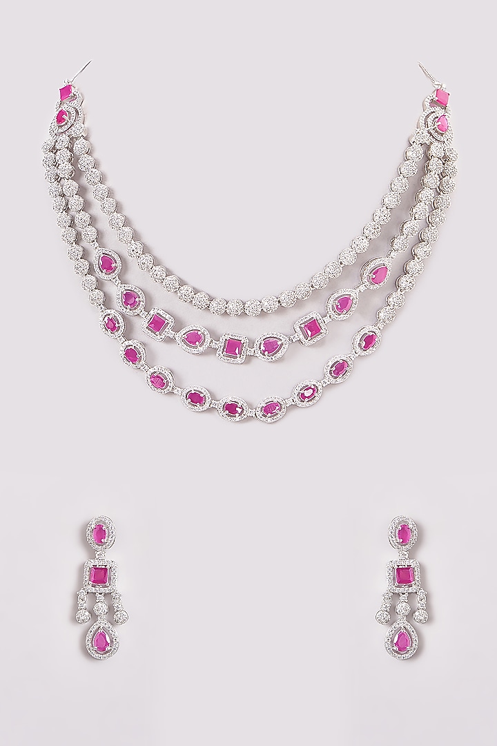 White Finish Zircon & Red Stone Layered Necklace Set by Aster at Pernia's Pop Up Shop