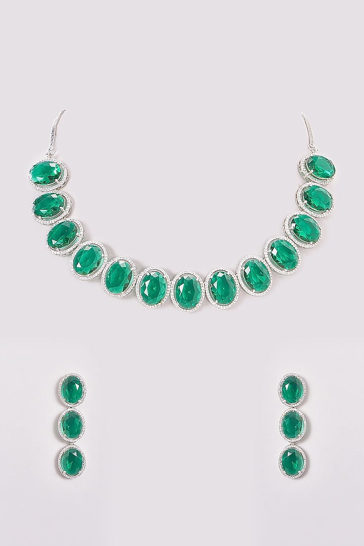 White Finish Zircon & Green Stone Necklace Set by Aster at Pernia's Pop Up Shop