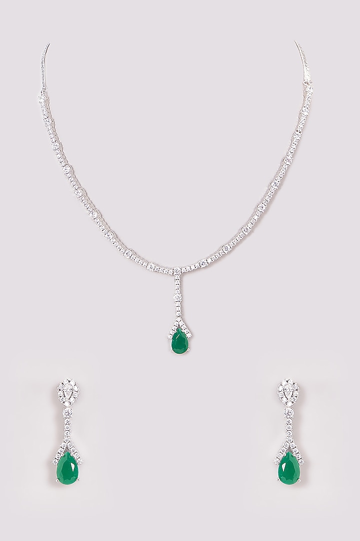 White Finish Zircon & Green Stone Necklace Set by Aster at Pernia's Pop Up Shop