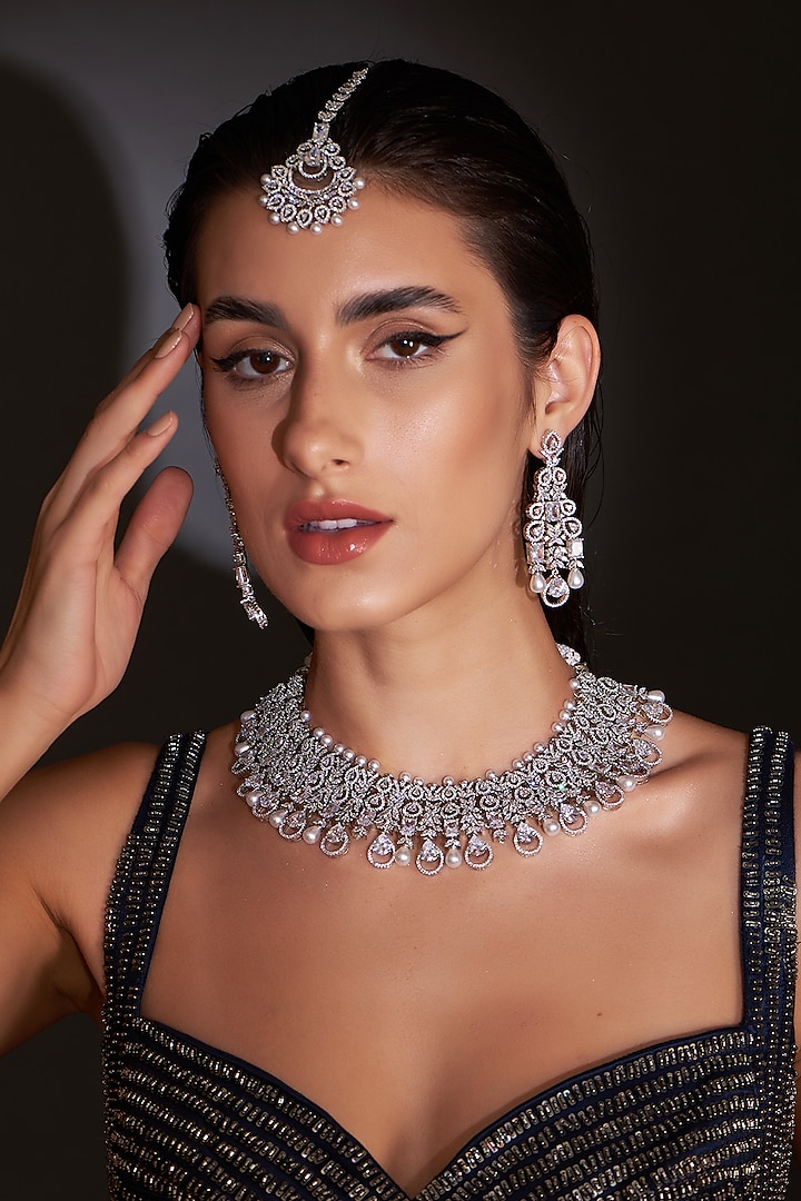 White Finish Zircon & Pearl Necklace Set by Aster at Pernia's Pop Up Shop