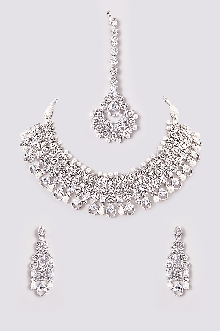 White Finish Zircon & Pearl Necklace Set by Aster at Pernia's Pop Up Shop