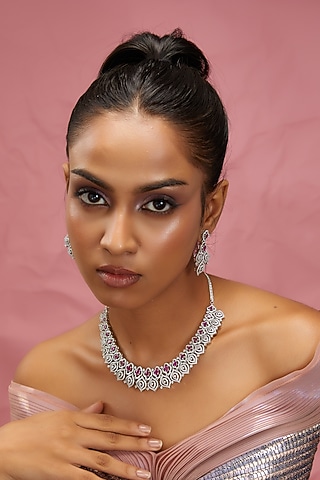 White Finish Zircon & Red Stone Necklace Set by Aster