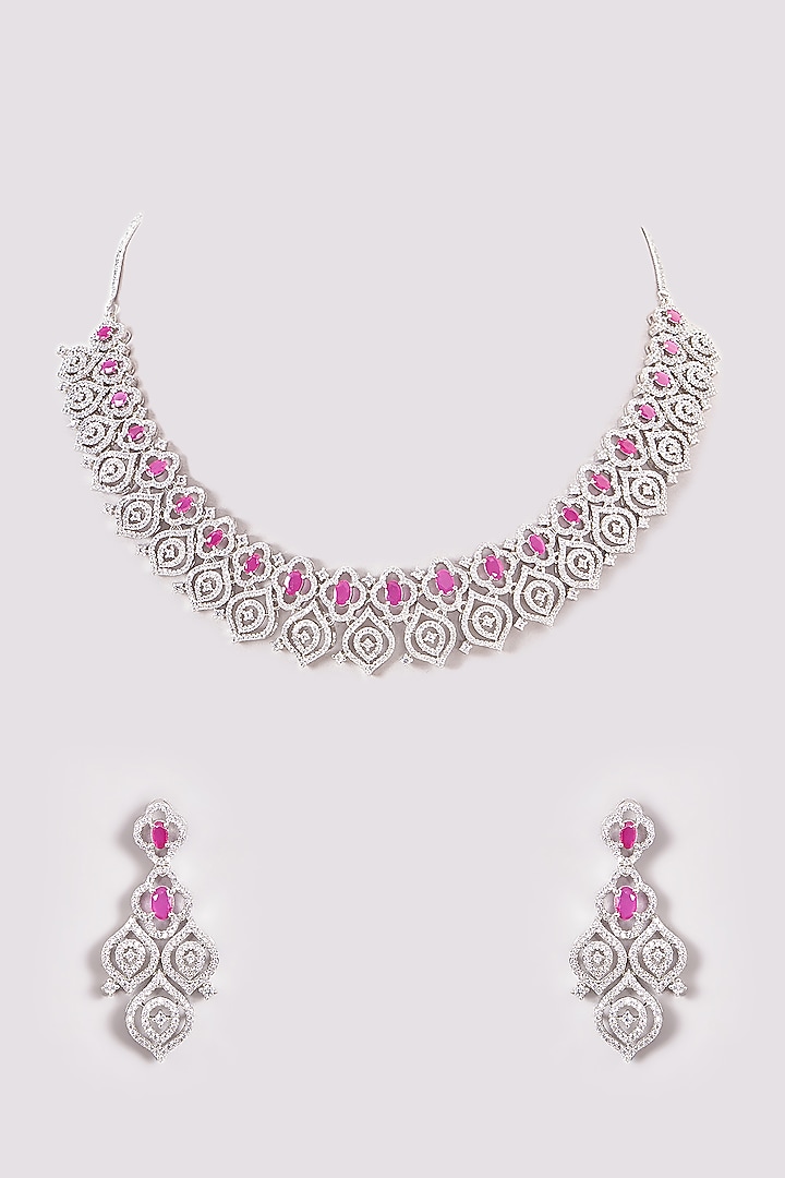 White Finish Zircon & Red Stone Necklace Set by Aster at Pernia's Pop Up Shop