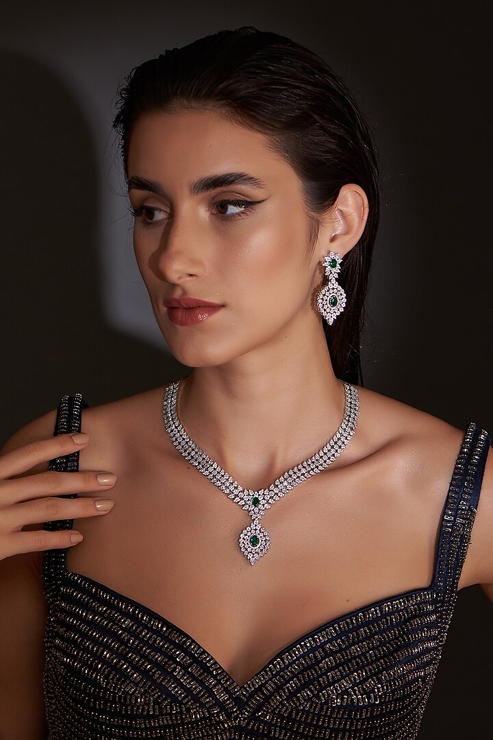 White Finish Zircon & Green Stone Necklace Set by Aster at Pernia's Pop Up Shop
