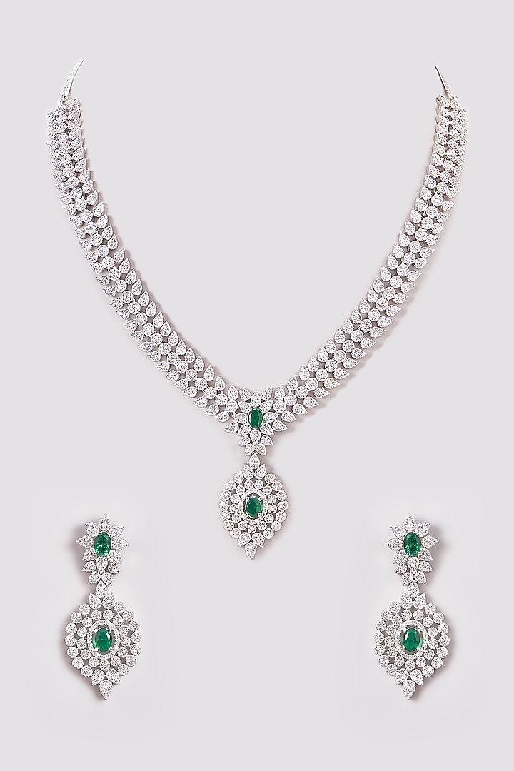 White Finish Zircon & Green Stone Necklace Set by Aster at Pernia's Pop Up Shop