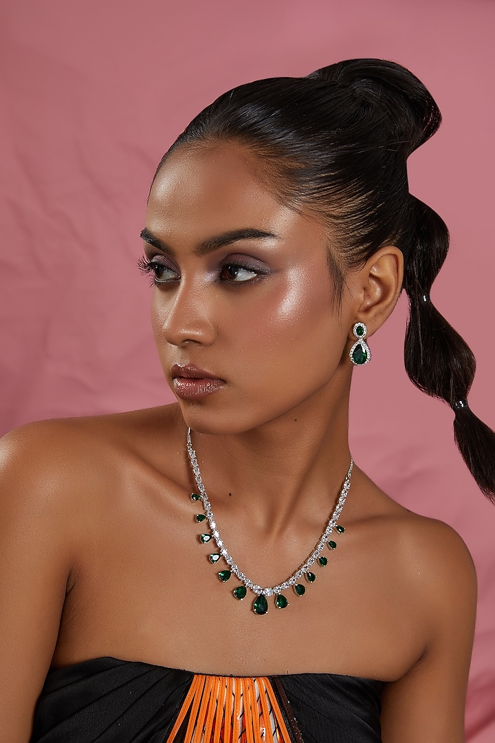 White Finish Zircon & Green Stone Necklace Set by Aster at Pernia's Pop Up Shop