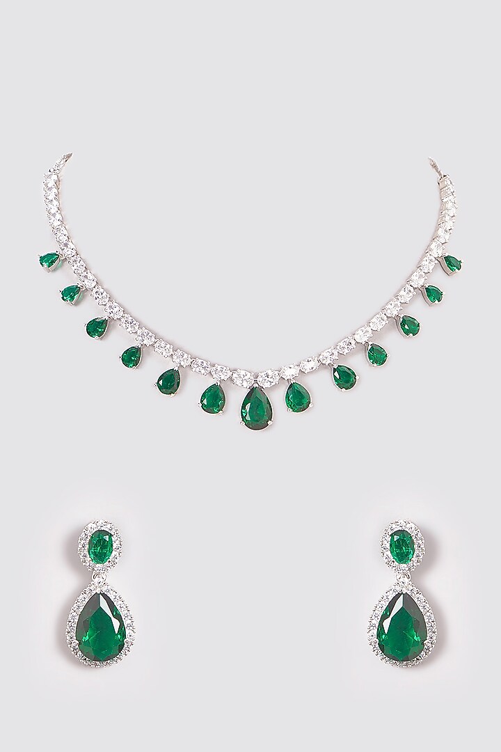 White Finish Zircon & Green Stone Necklace Set by Aster at Pernia's Pop Up Shop