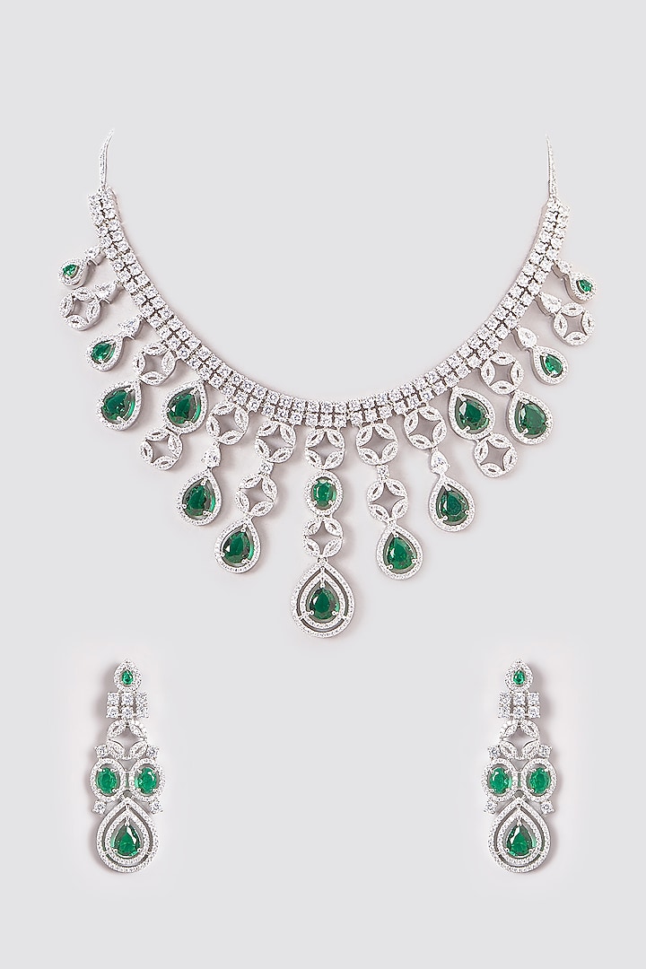 White Finish Zircon & Green Stone Necklace Set by Aster at Pernia's Pop Up Shop