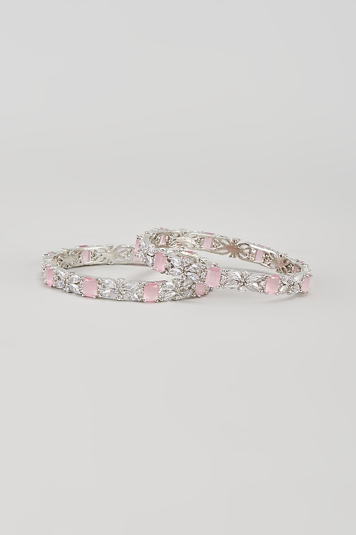 White Finish Zircon & Pink Stone Bangles (Set of 2) by Aster at Pernia's Pop Up Shop
