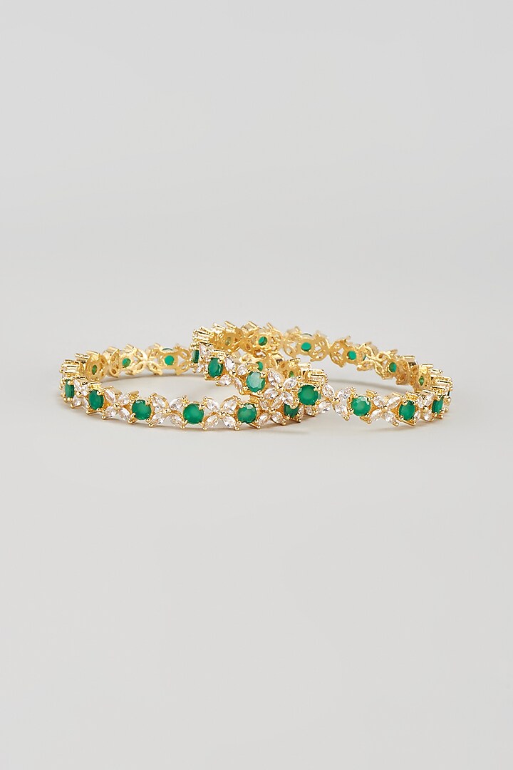Gold Finish Zircon & Green Stone Bangles (Set of 2) by Aster at Pernia's Pop Up Shop