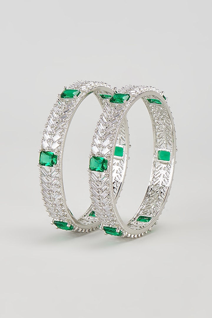 White Finish Zircon & Green Stone Bangles (Set of 2) by Aster at Pernia's Pop Up Shop