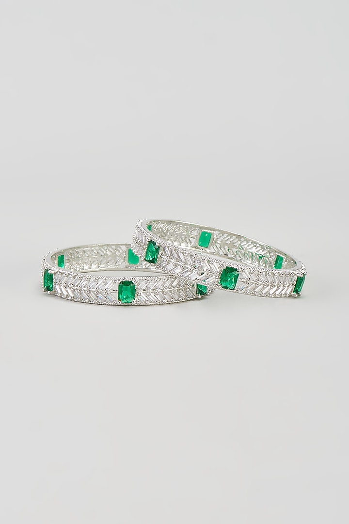 White Finish Zircon & Green Stone Bangles (Set of 2) by Aster at Pernia's Pop Up Shop