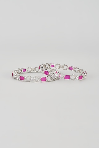 White Finish Zircon & Red Stone Bangles (Set of 2) by Aster