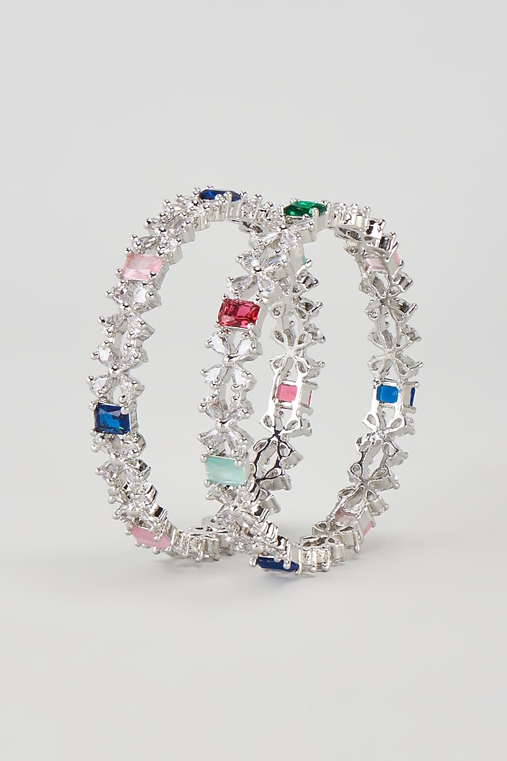 White Finish Zirco & Multi-Colored Stone Bangles (Set of 2) by Aster at Pernia's Pop Up Shop