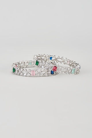 White Finish Zirco & Multi-Colored Stone Bangles (Set of 2) by Aster
