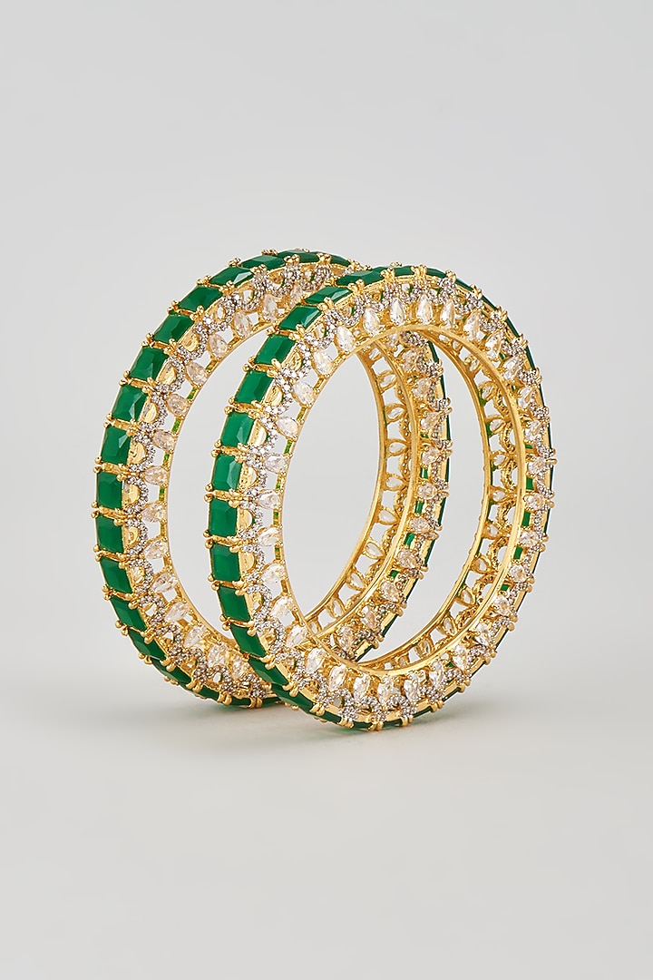 Gold Finish Zircon & Green Stone Bangles (Set of 2) by Aster at Pernia's Pop Up Shop