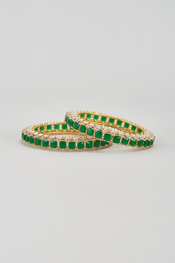 Gold Finish Zircon & Green Stone Bangles (Set of 2) by Aster at Pernia's Pop Up Shop