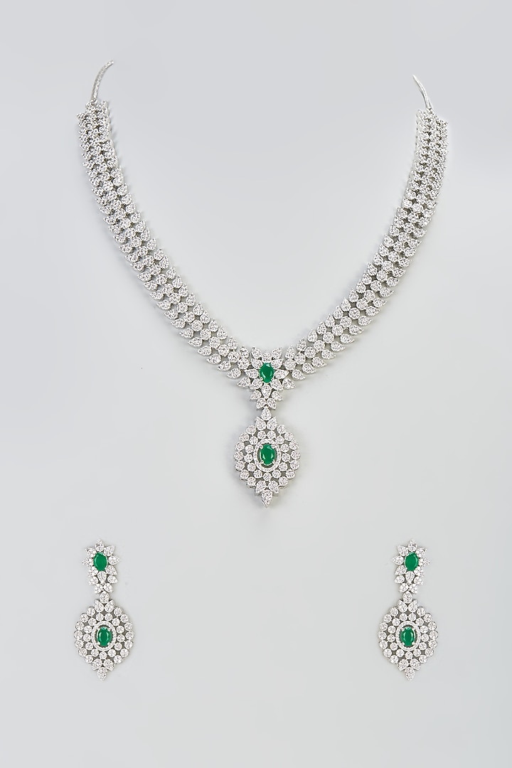 White Finish Zircon & Green Stone Necklace Set by Aster at Pernia's Pop Up Shop
