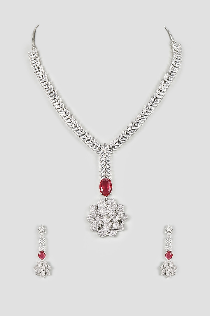 White Finish Zircon & Red Stone Necklace Set by Aster at Pernia's Pop Up Shop