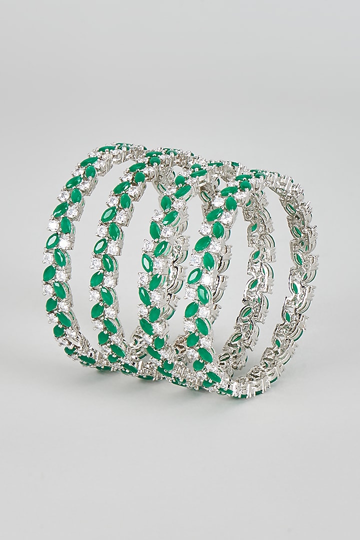 White Finish Zircon & Green Stone Bangles (Set of 4) by Aster at Pernia's Pop Up Shop