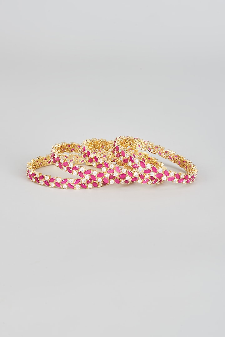 Gold Finish Zircon & Red Stone Bangles (Set of 4) by Aster at Pernia's Pop Up Shop