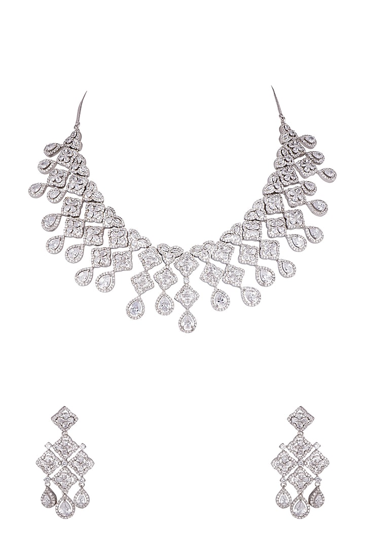 White Finish Faux Diamond Necklace Set by Aster at Pernia's Pop Up Shop