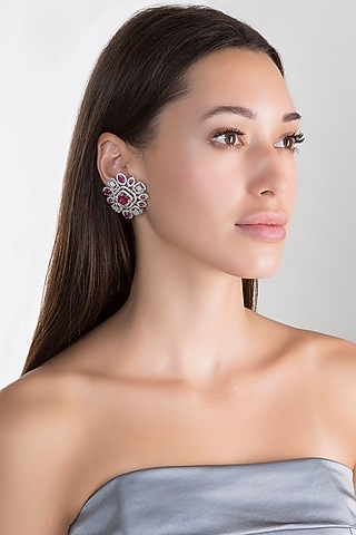 White Finish Faux Diamond & Stone Stud Earrings by Aster