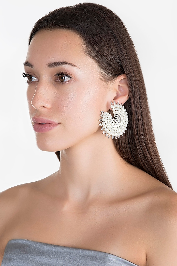 White Finish Pearl & Faux Diamond Earrings by Aster