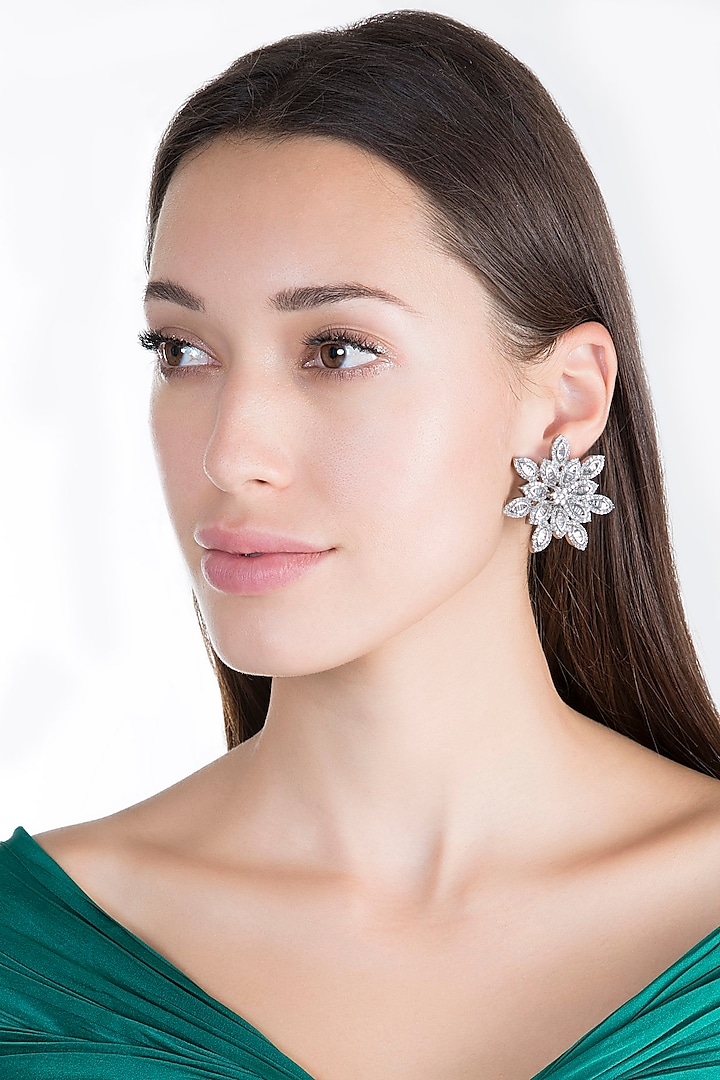 White Finish Faux Diamond Floral Earrings by Aster