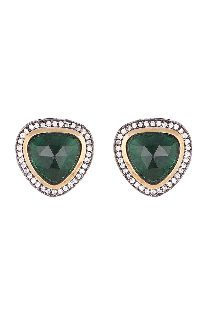 Black Rhodium Finish Faux Diamond & Green Stone Earrings by Aster at Pernia's Pop Up Shop