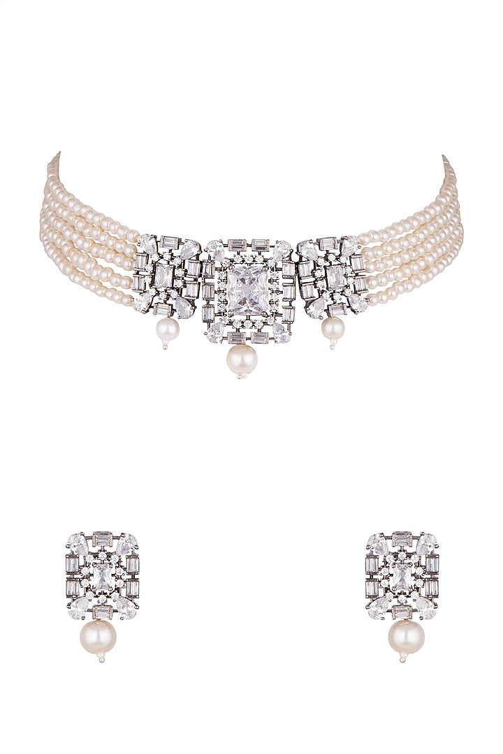 Black Rhodium Finish Faux Diamond & Pearl Choker Necklace Set by Aster at Pernia's Pop Up Shop