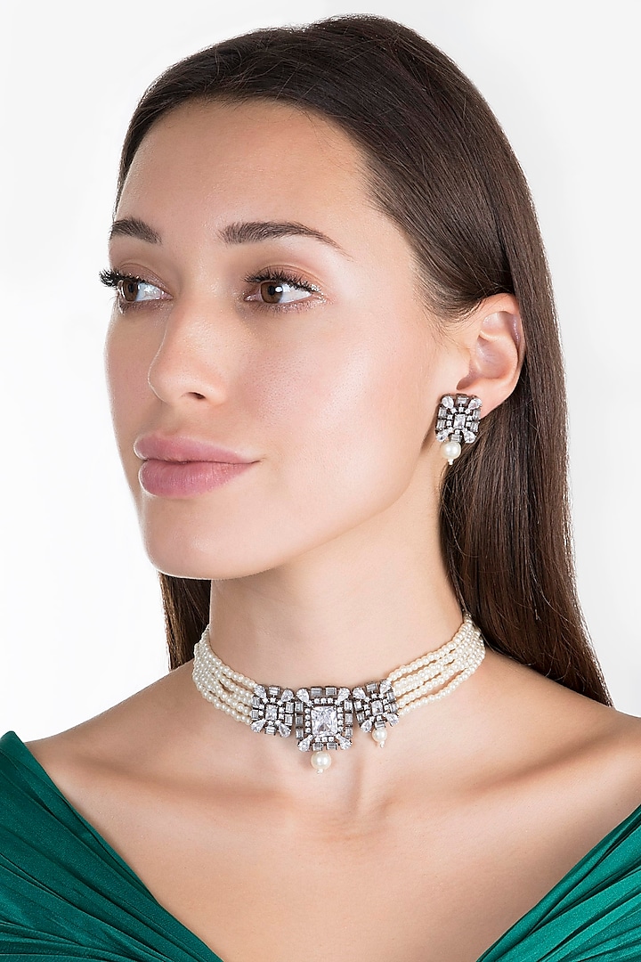 Black Rhodium Finish Faux Diamond & Pearl Choker Necklace Set Design by ...