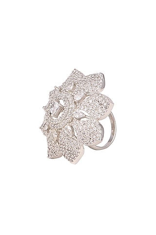 White Finish Faux Diamonds Flower Ring by Aster