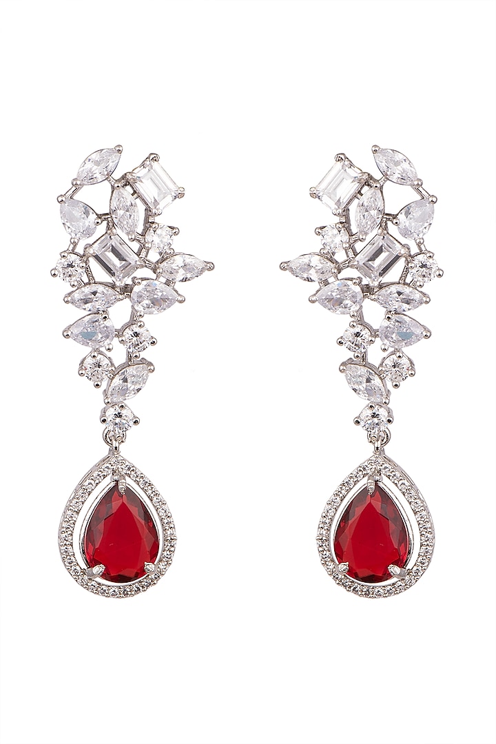 White Finish Red Stone & Diamond Earrings by Aster