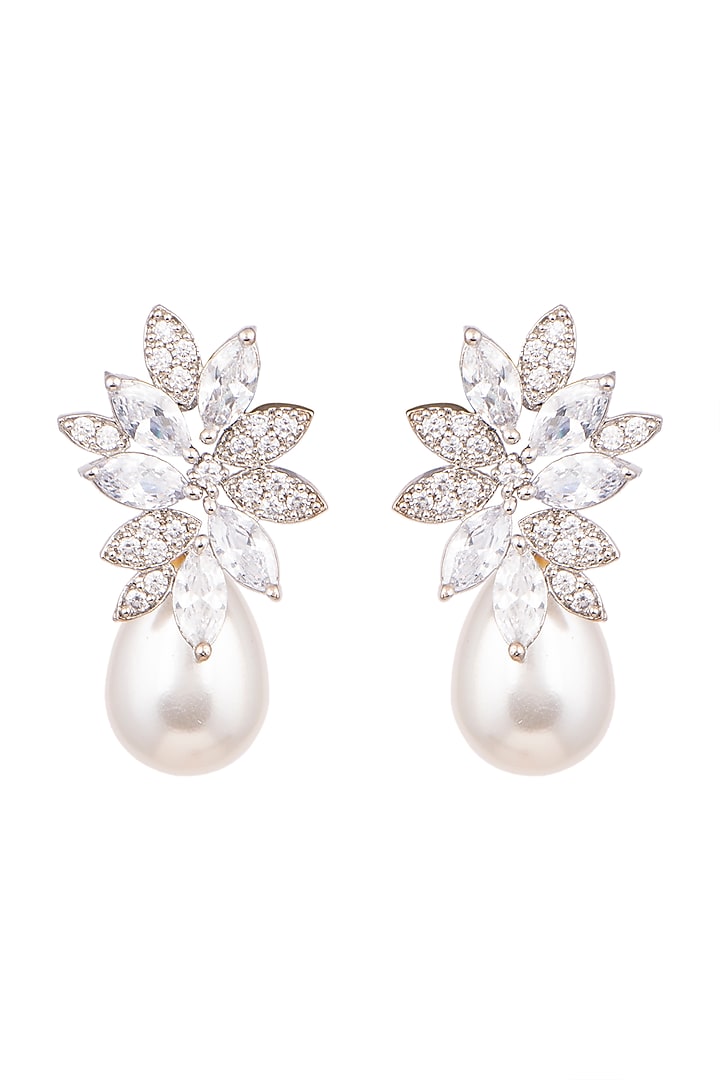 White Finish Pearl & Zircon Dangler Earrings by Aster