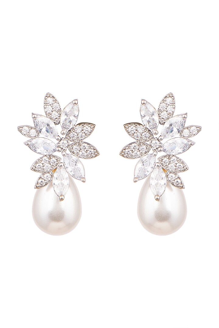 White Finish Pearl & Zircon Dangler Earrings by Aster at Pernia's Pop Up Shop