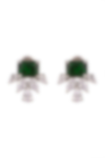 White Finish Earrings With Green Stones by Aster