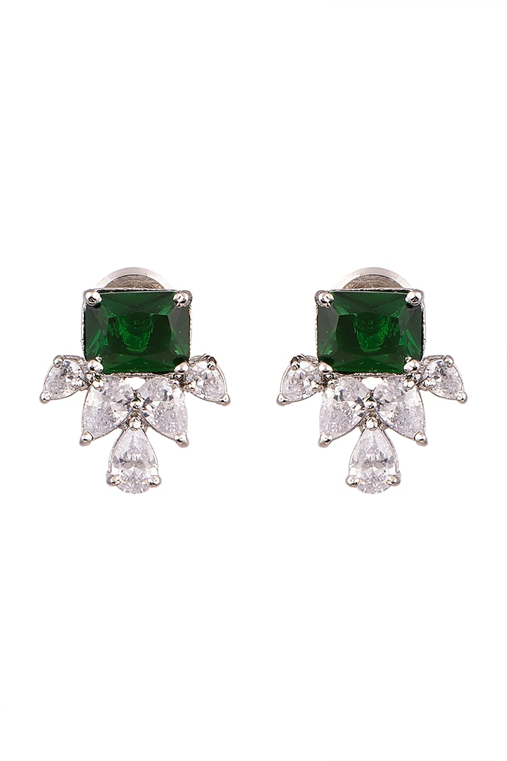 White Finish Earrings With Green Stones by Aster