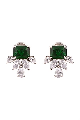 White Finish Earrings With Green Stones by Aster