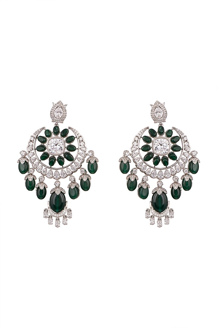 White Finish Green Stone Drop Earrings by Aster at Pernia's Pop Up Shop