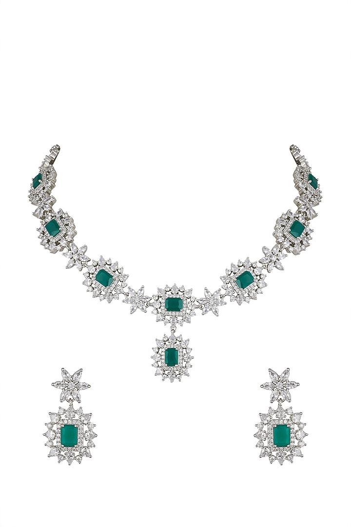 White Finish Green Stone Necklace Set by Aster at Pernia's Pop Up Shop