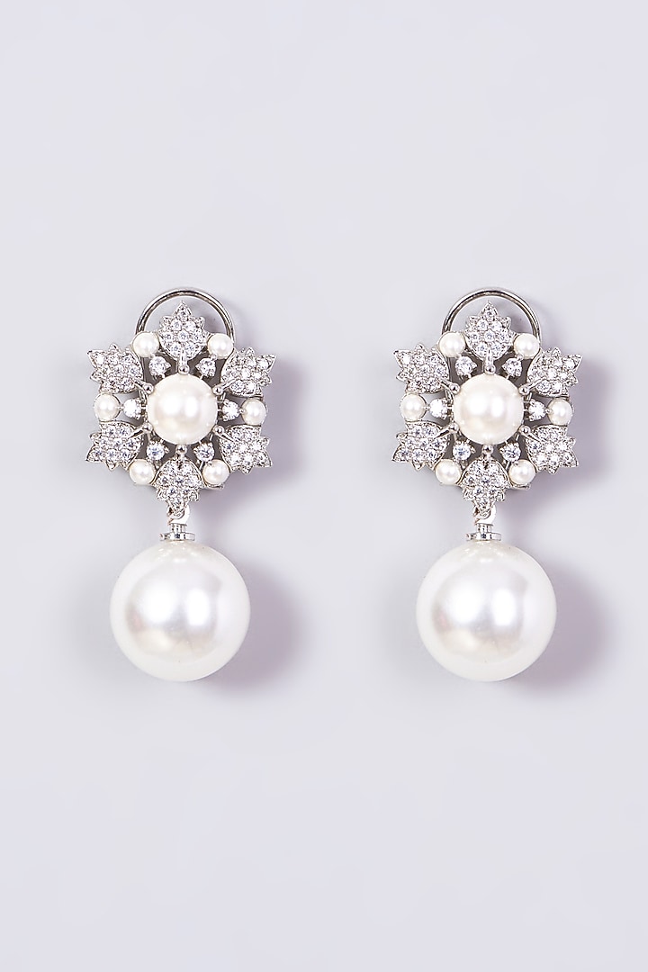 White Finish Pearl & Zircon Earrings by Aster at Pernia's Pop Up Shop