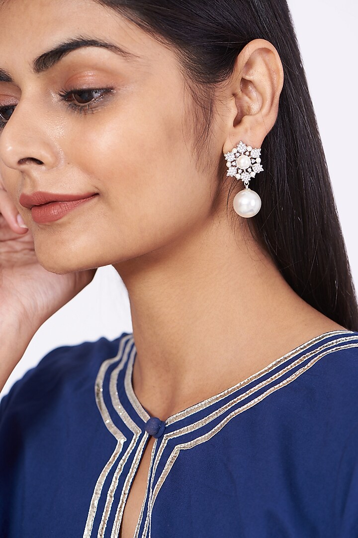 White Finish Pearl & Zircon Earrings by Aster at Pernia's Pop Up Shop
