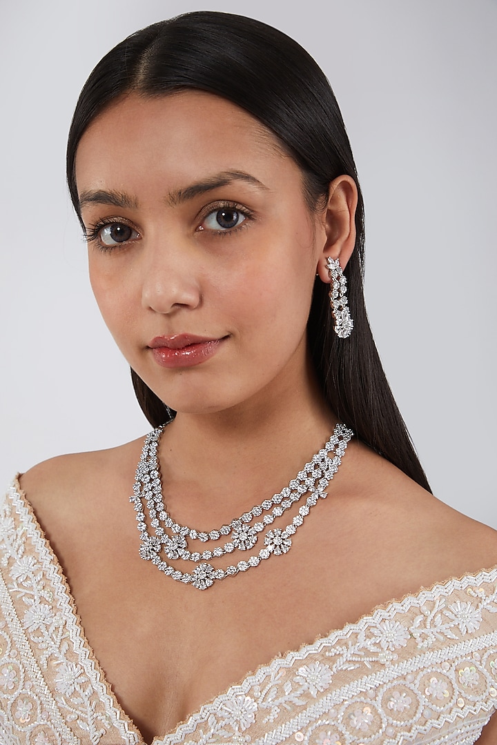 White Finish Necklace Set Having Faux Diamonds by Aster