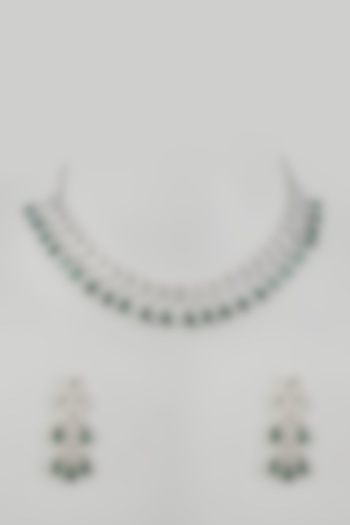 White Finish Green Faux Diamond Necklace Set by Aster