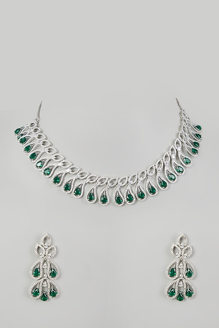 White Finish Green Faux Diamond Necklace Set by Aster